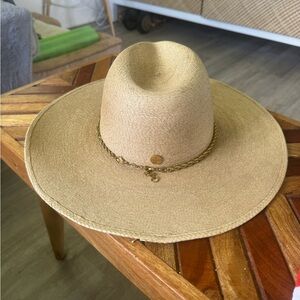 Chic Tan Straw Hat with Gold Chain Detail